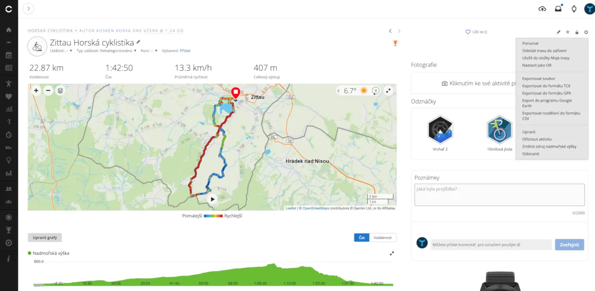 Garmin Connect GPX export MTB trasy