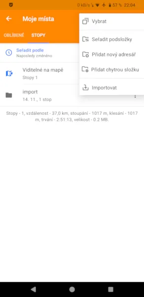 Import .gpx do OsmAnd v menu Moje místa