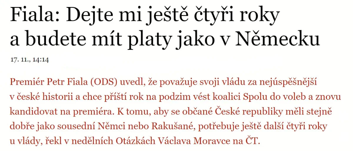 Petr Fiala potřebuje ještě 4 roky na to aby byly české platy jako v Německu
